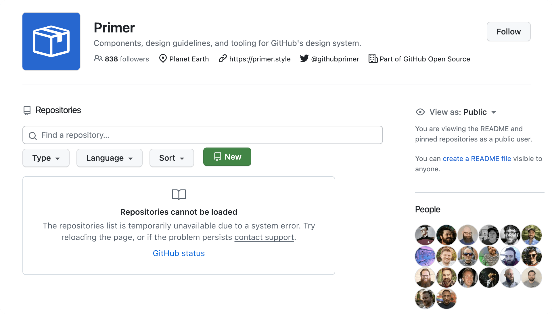 A screenshot of the Primer organization page. The repositories list is replaced with a message informing the user that the repositories are temporarily unavailable.