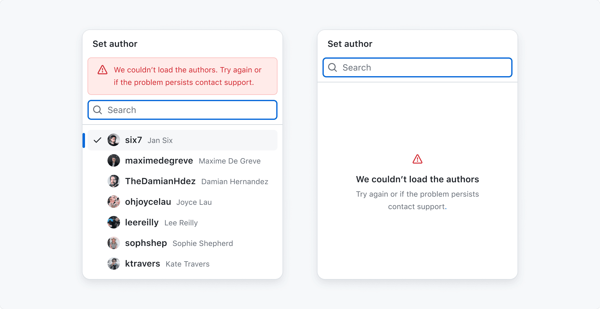 Select panel with error state that says 'Failed to load results' with a link to try again