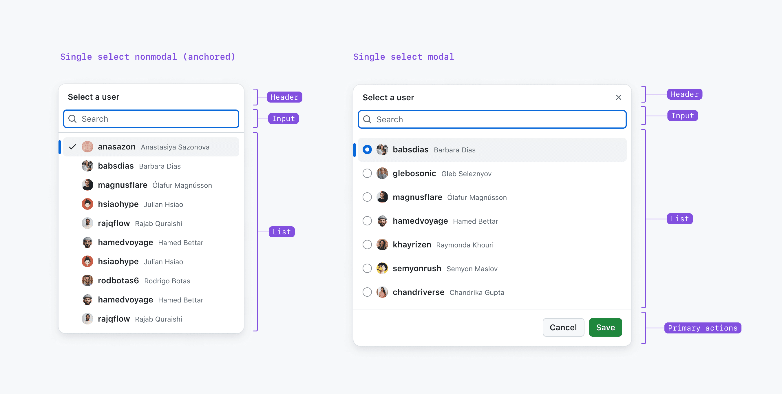 A nonmodal SelectPanel on the left with a title, input field, and values beneath that can be selected, and a modal version of the same SelectPanel on the right. The modal version has a title, subtitle, input field, and values beneath that can be selected. It also has a Save and Cancel button at the bottom.
